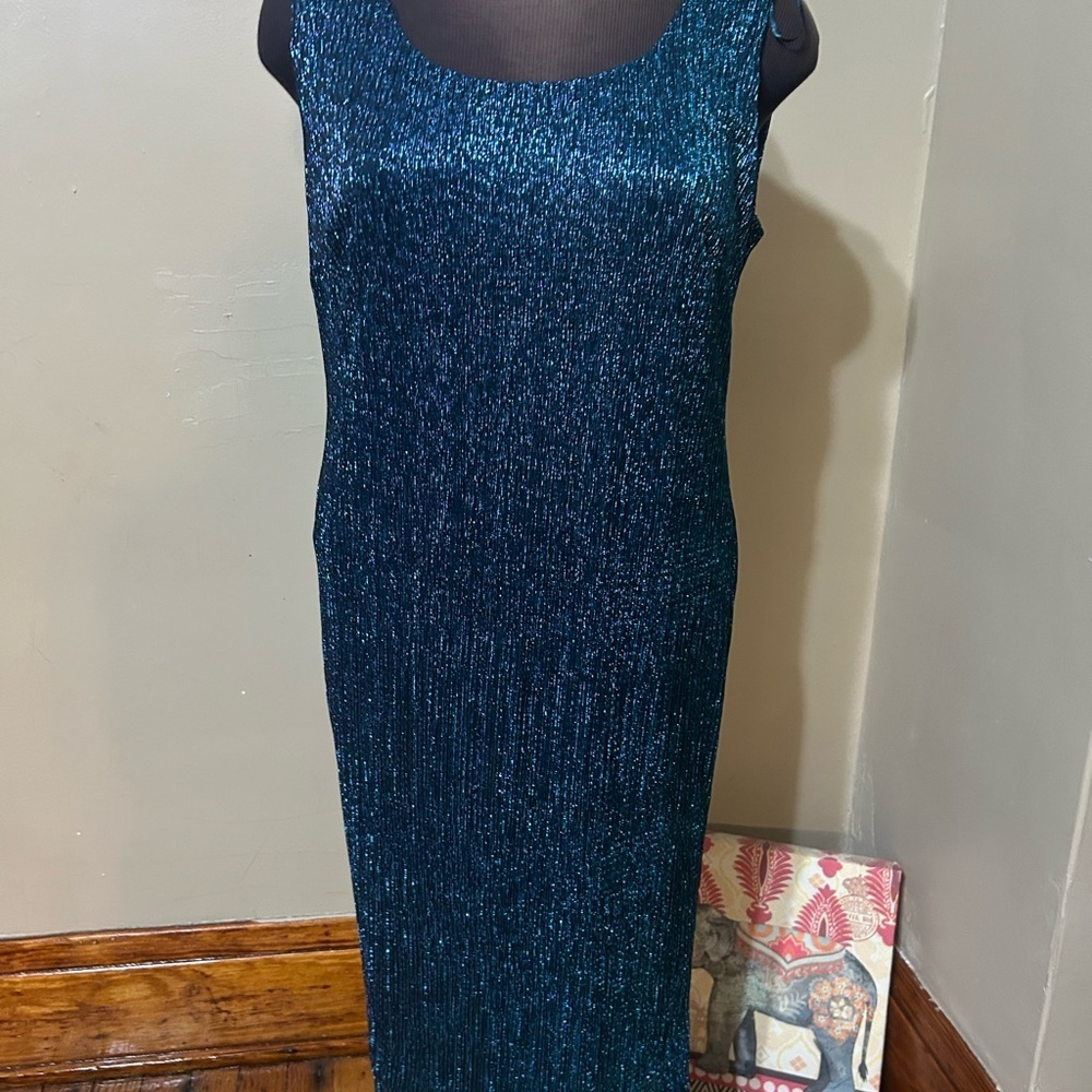 R & M Richards Womens Dress Metallic Blue Sleeveless Lined 16 Tall NEW Party